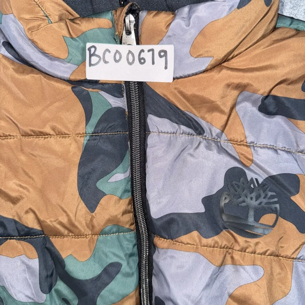 Timberland Hybrid Puffer Hoodie Boys L 14/16 Camo Quilted Full Zip Jacket